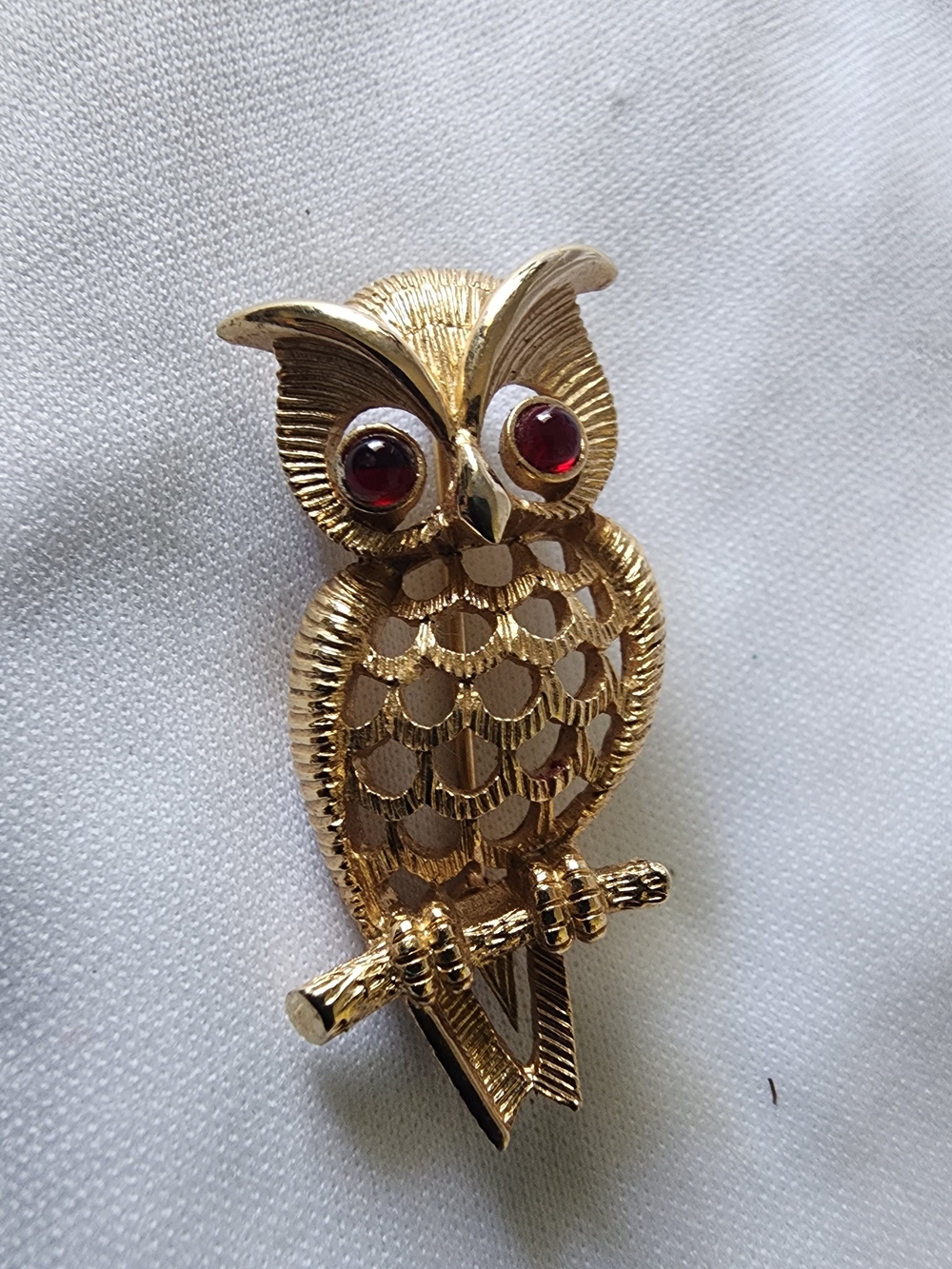 Gold Owl Brooch with Red Eyes